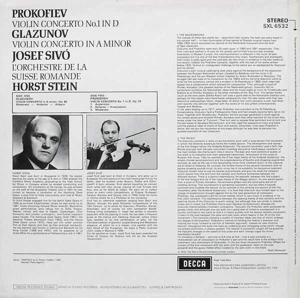 Sergei Prokofiev / Alexander Glazunov, Josef Sivo, L'Orchestre De La Suisse Romande, Horst Stein : Violin Concerto No.1 In D / Violin Concerto In A Minor (LP)