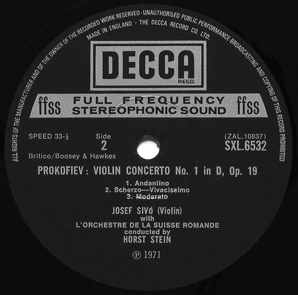 Sergei Prokofiev / Alexander Glazunov, Josef Sivo, L'Orchestre De La Suisse Romande, Horst Stein : Violin Concerto No.1 In D / Violin Concerto In A Minor (LP)