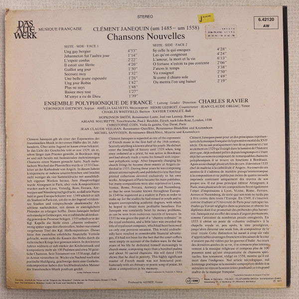 Clément Janequin - Ensemble Polyphonique De L'O.R.T.F., Charles Ravier : Chansons Nouvelles (LP, Album, gat)