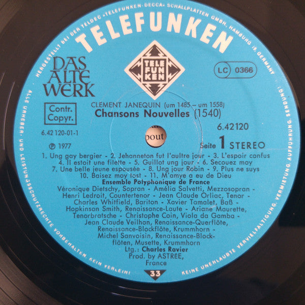 Clément Janequin - Ensemble Polyphonique De L'O.R.T.F., Charles Ravier : Chansons Nouvelles (LP, Album, gat)
