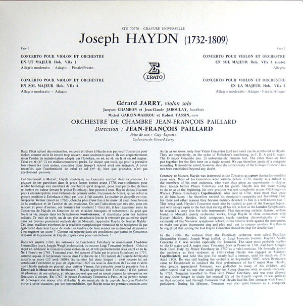 Joseph Haydn, Gérard Jarry, Orchestre De Chambre Jean-François Paillard : Les Trois Concertos Pour Violon (LP, Album)