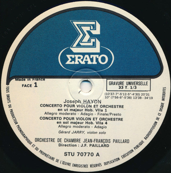 Joseph Haydn, Gérard Jarry, Orchestre De Chambre Jean-François Paillard : Les Trois Concertos Pour Violon (LP, Album)