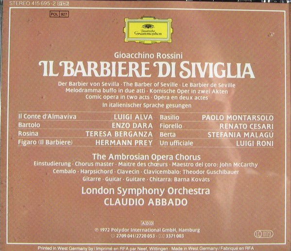 Gioacchino Rossini - Hermann Prey, Teresa Berganza, Luigi Alva, Enzo Dara, Paolo Montarsolo, London Symphony Orchestra, Claudio Abbado : Il Barbiere Di Siviglia (2xCD, Album, RE, RM + Box, Sli)