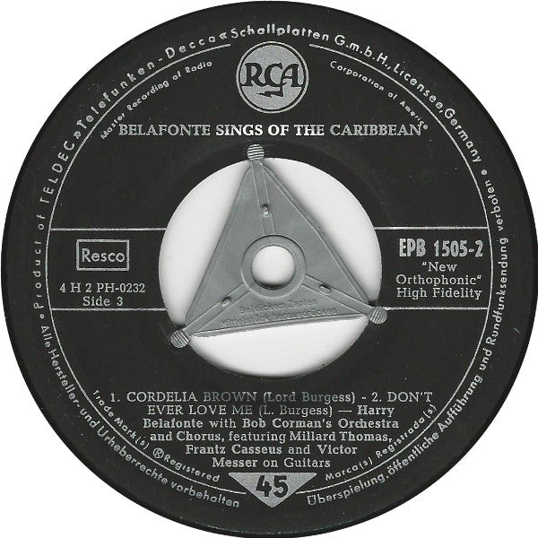 Harry Belafonte : Belafonte Sings Of The Caribbean (7", EP)