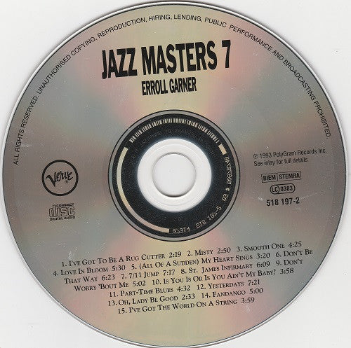 Erroll Garner : Verve Jazz Masters 7 (CD, Comp, RE)