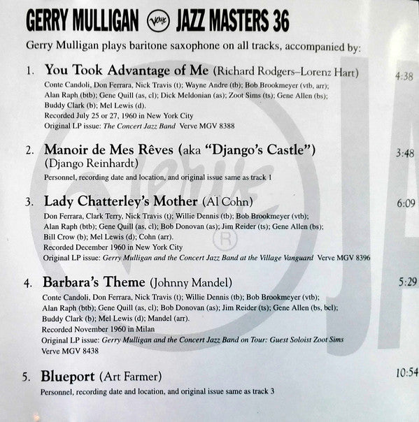 Gerry Mulligan : Verve Jazz Masters 36 (CD, Comp)