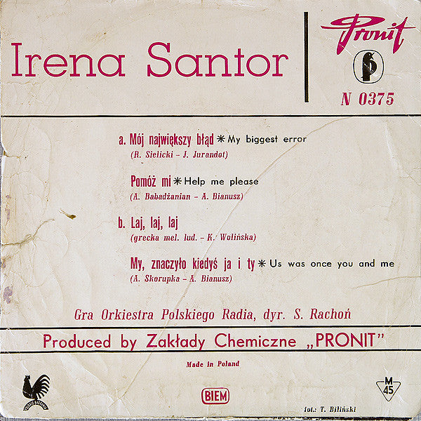 Irena Santor : Mój Największy Błąd (7", EP, Mono)