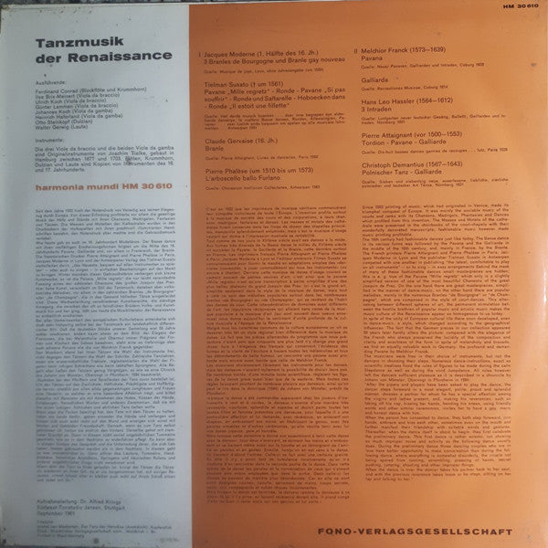 Jacques Moderne, Tielman Susato, Claude Gervaise, Melchior Franck, Hans Leo Haßler, Pierre Attaignant, Christopher Demantius : Tanzmusik Der Renaissance (LP, Mono)