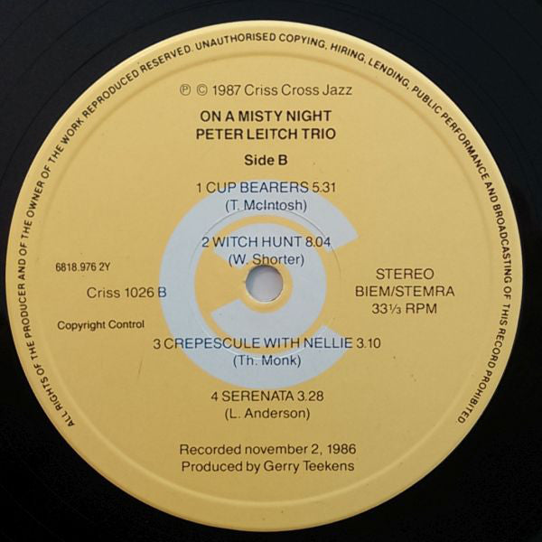 Peter Leitch Trio : On A Misty Night (LP, Album)