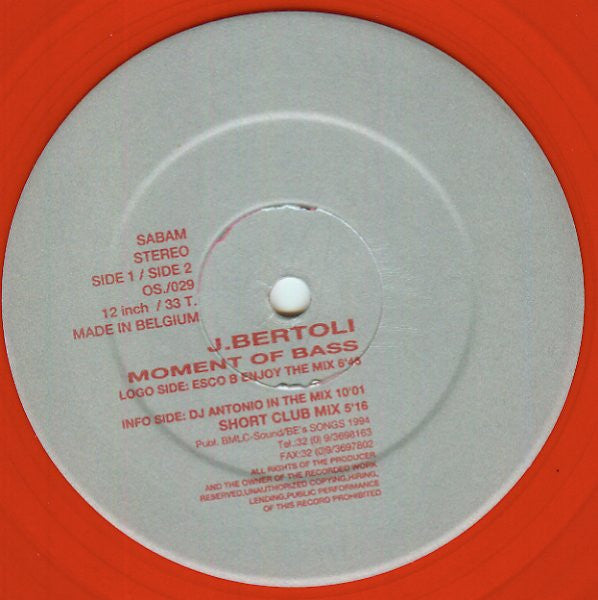 J. Bertoli : Moment Of Bass (12", Red)
