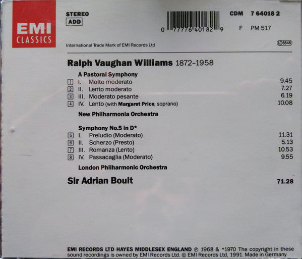 Ralph Vaughan Williams, New Philharmonia Orchestra, London Philharmonic Orchestra, Sir Adrian Boult : A Pastoral Symphony / Symphony No. 5 (CD, Comp, RM)