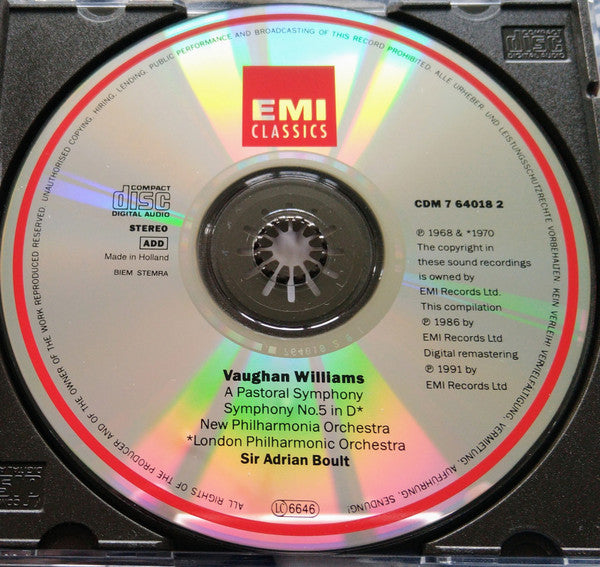 Ralph Vaughan Williams, New Philharmonia Orchestra, London Philharmonic Orchestra, Sir Adrian Boult : A Pastoral Symphony / Symphony No. 5 (CD, Comp, RM)