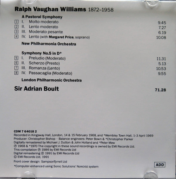 Ralph Vaughan Williams, New Philharmonia Orchestra, London Philharmonic Orchestra, Sir Adrian Boult : A Pastoral Symphony / Symphony No. 5 (CD, Comp, RM)