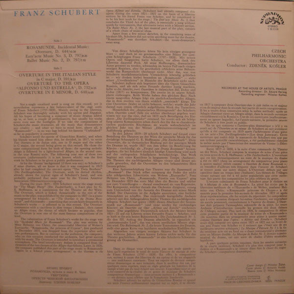 Franz Schubert / The Czech Philharmonic Orchestra / Zdeněk Košler : Rosamunde And Overtures (LP)