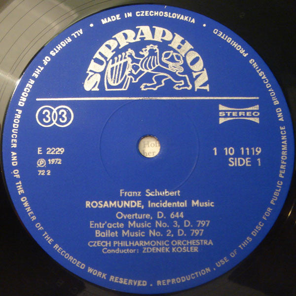 Franz Schubert / The Czech Philharmonic Orchestra / Zdeněk Košler : Rosamunde And Overtures (LP)