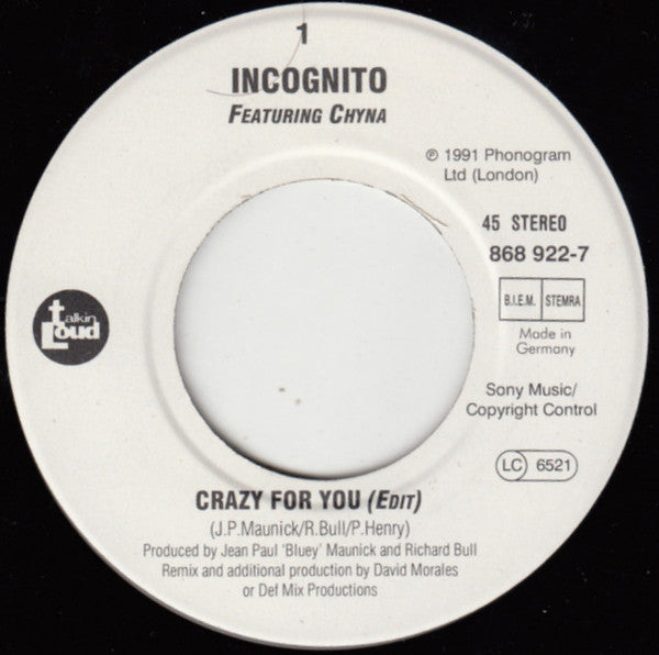 Incognito Featuring Chyna : Crazy For You (7", Single)