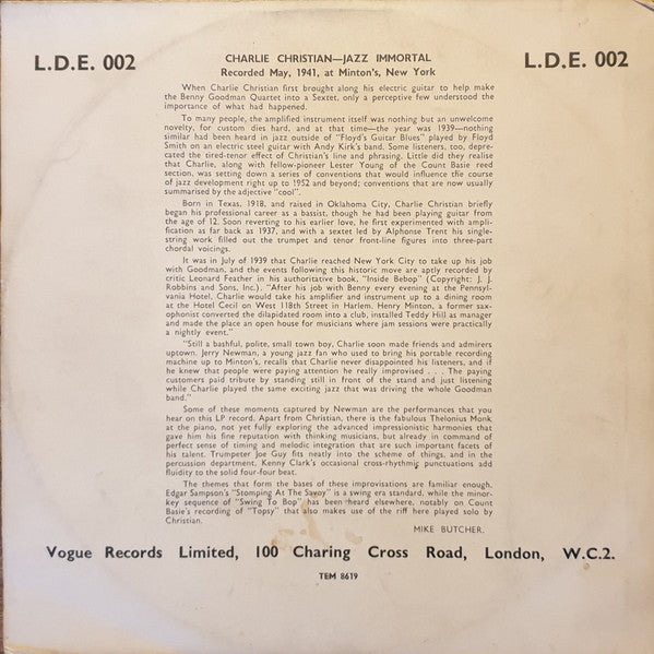 Charlie Christian : Jazz Immortal (10", Mono)