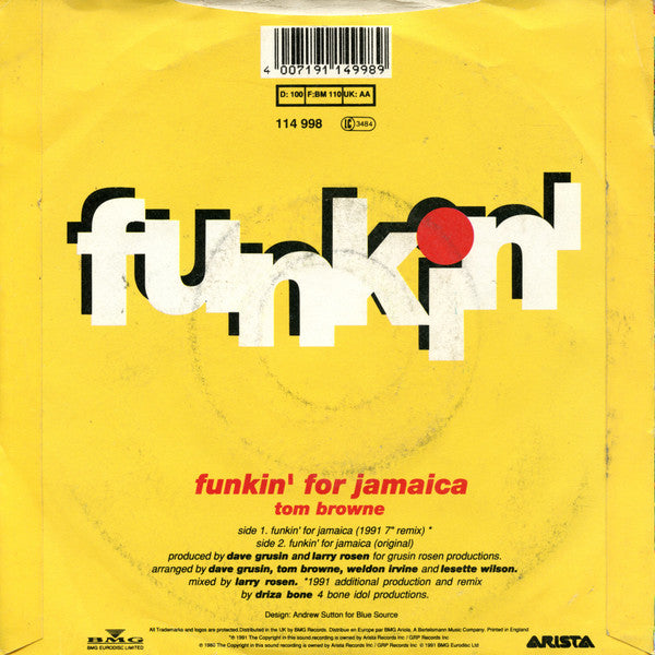 Tom Browne : Funkin' For Jamaica (1991 Remix) (7", Single)