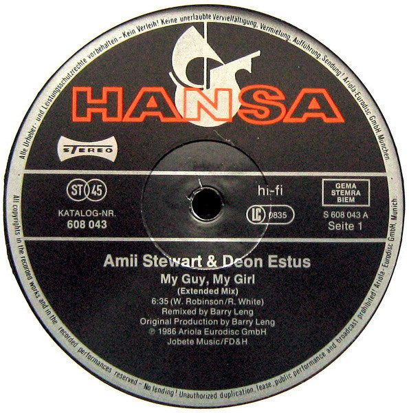 Amii Stewart & Deon Estus : My Guy, My Girl (12", Maxi)