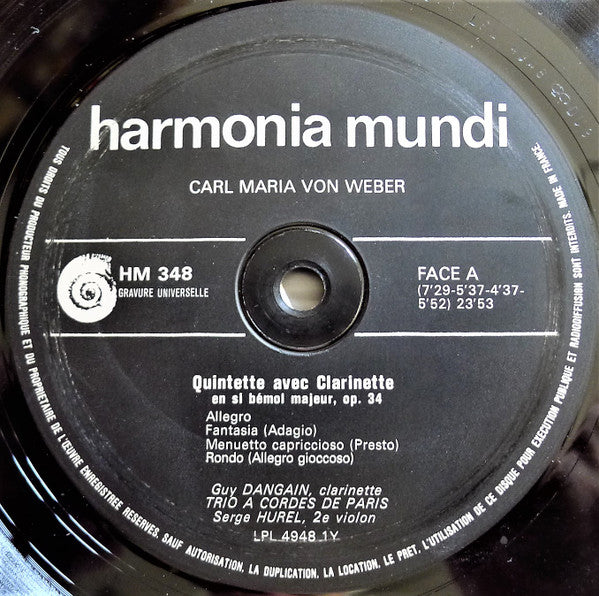 Carl Maria Von Weber - Guy Dangain - Trio À Cordes De Paris, Serge Hurel, Fabienne Boury : Quintette Pour Clarinette Et Cordes Op. 34 / Introduction, Thème Et Variations Pour Clarinette Et Quatuor À Cordes Op. Posth. / Grand Duo Concertant Pour Clarinette Et Piano Op. 46 (LP, Gat)