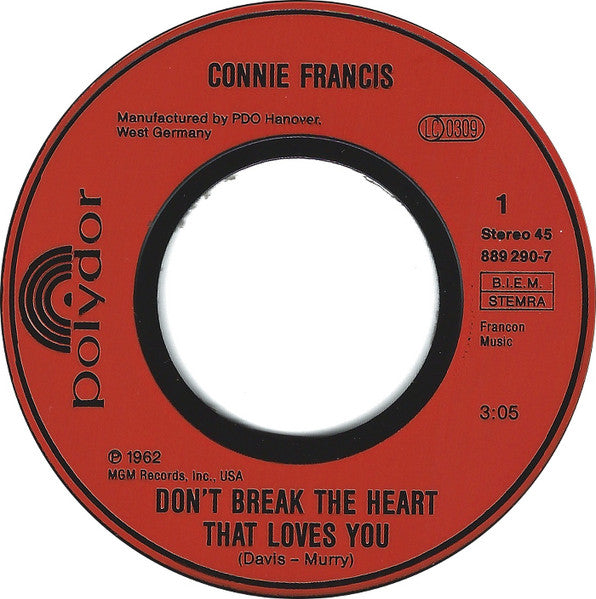 Connie Francis : Don't Break The Heart That Loves You (7", Single, RE)