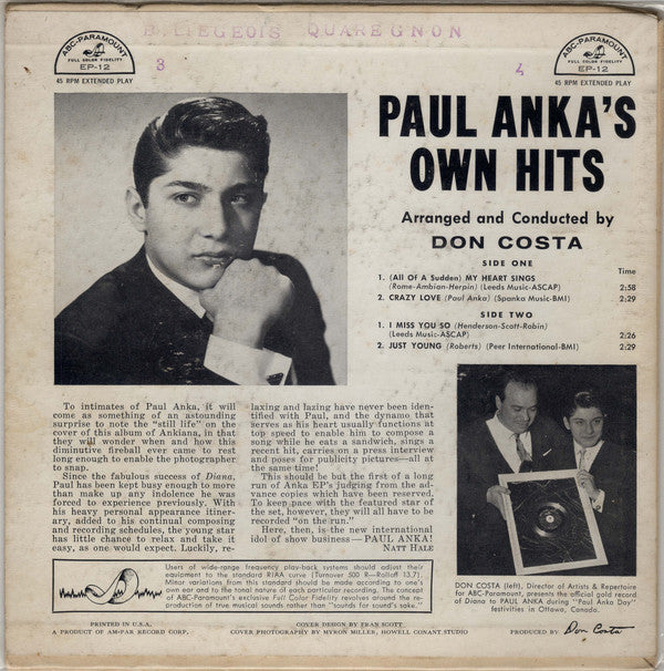 Paul Anka : Paul Anka's Own Hits (7", EP)
