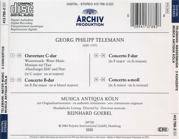 Georg Philipp Telemann - Musica Antiqua Köln • Reinhard Goebel : Wassermusik • Water Music • Musique Sur L'Eau / 3 Konzerte • Concertos (CD, Album, RP)