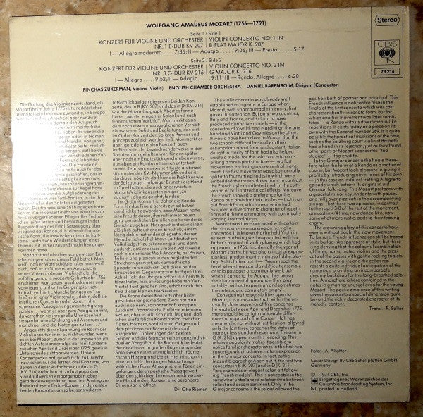Wolfgang Amadeus Mozart, Pinchas Zukerman, Daniel Barenboim, English Chamber Orchestra : Violin-Konzerte Nr1 B-Dur Kv. 207, Nr. 3 G-Dur Kv. 216 (LP)