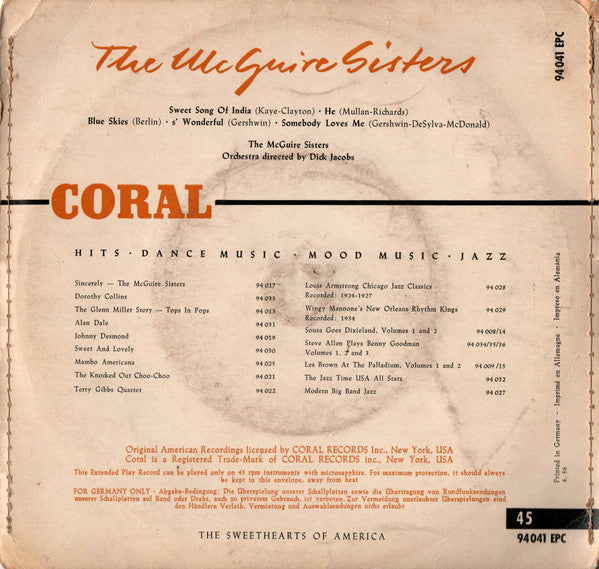 McGuire Sisters : The Sweethearts Of America (7", EP, Mono)
