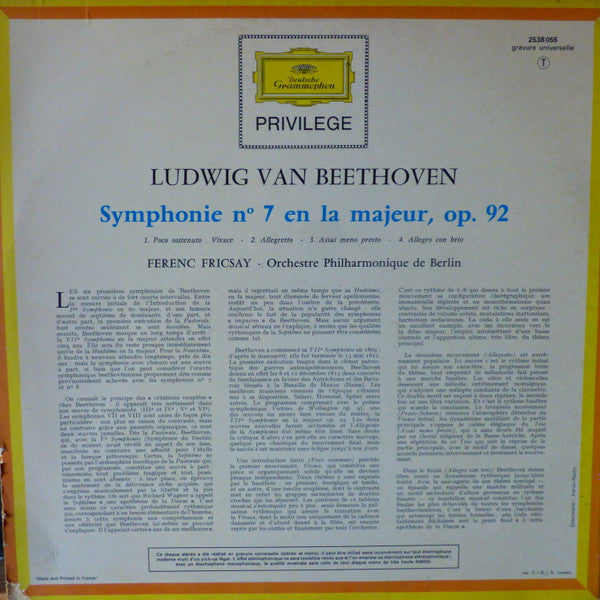 Ludwig Van Beethoven, Berliner Philharmoniker, Ferenc Fricsay : Symphonie N°7 En La Majeur (LP, RE)