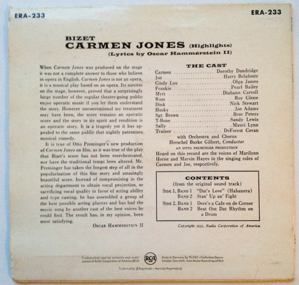 Various : Carmen Jones (From The Original Sound Track) (7", EP)