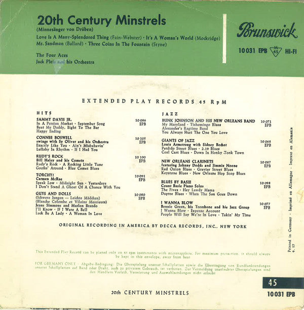 The Four Aces : 20th Century Minstrels (Minnesänger Von "Drüben") (7", EP, Mono)