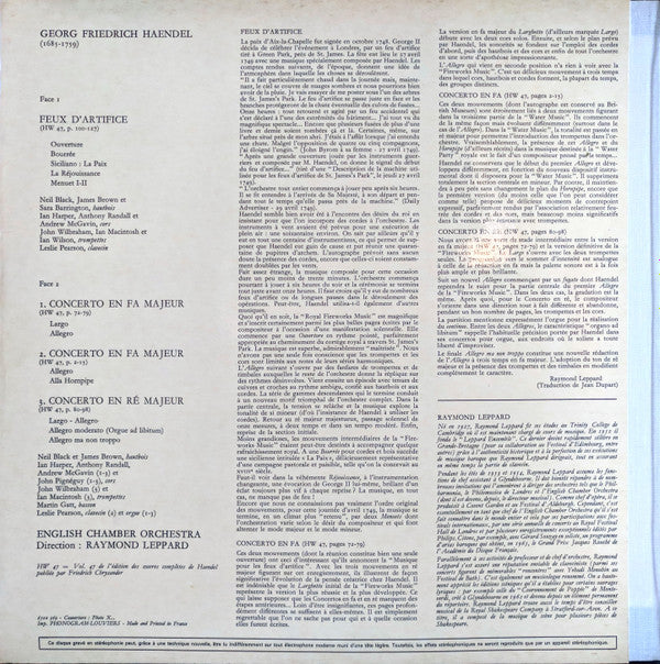 Georg Friedrich Händel – English Chamber Orchestra, Raymond Leppard : Feux D'Artifice Et Trois Concertos (LP)