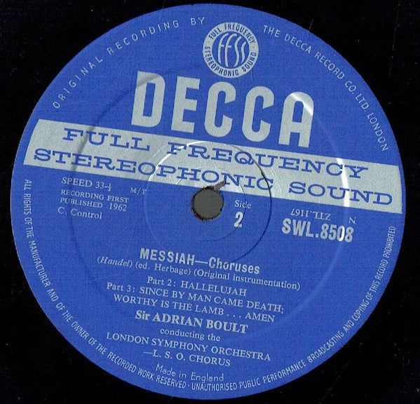 Georg Friedrich Händel - London Symphony Chorus & London Symphony Orchestra, Sir Adrian Boult : Messiah Choruses (10", Album)