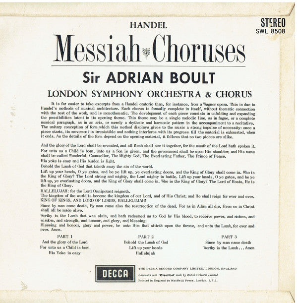 Georg Friedrich Händel - London Symphony Chorus & London Symphony Orchestra, Sir Adrian Boult : Messiah Choruses (10", Album)