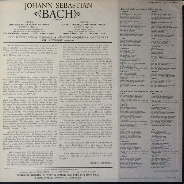 Johann Sebastian Bach : Gott Soll Allein Mein Herze Haben Cantata BWV 169 • Ich Will Den Kreuzstab Gerne Tragen BWV 56 (LP)