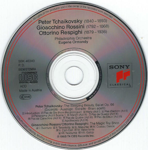 Pyotr Ilyich Tchaikovsky / Gioacchino Rossini, Ottorino Respighi - The Philadelphia Orchestra, Eugene Ormandy : The Sleeping Beauty (Excerpts) / The Magic Toy Shop (CD, Comp)