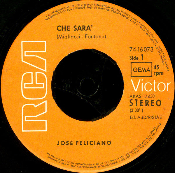 José Feliciano : Che Sara' (7", Single)