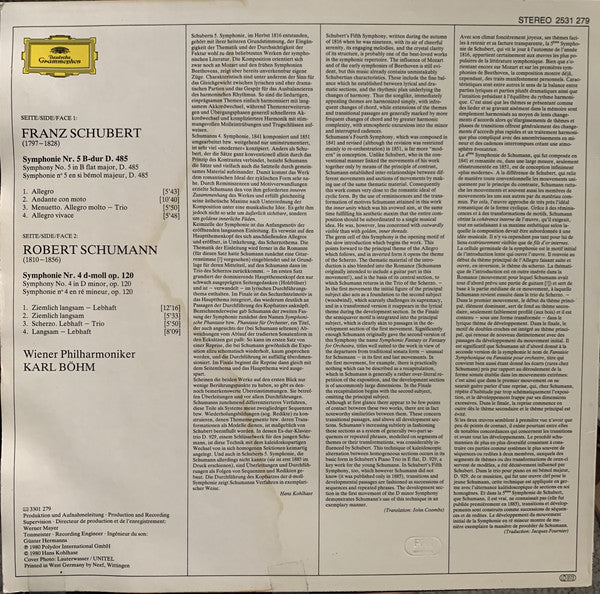 Franz Schubert / Robert Schumann - Wiener Philharmoniker / Karl Böhm : Symphonie No.5 · Symphonie No.4 (LP)