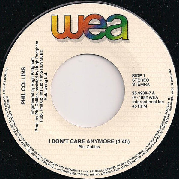 Phil Collins : I Don't Care Anymore (7", Single)