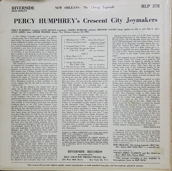 Percy Humphrey And His Crescent City Joymakers : Percy Humphrey's Crescent City Joy Makers (LP, Album, Mono)