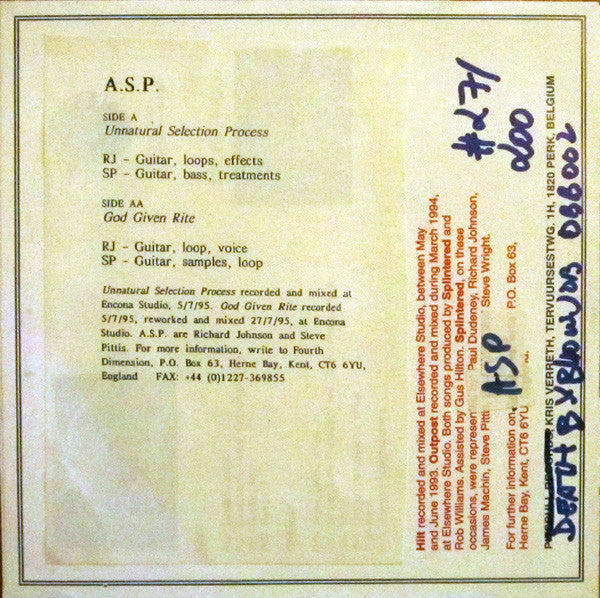 A.S.P. (3) : Unnatural Selection Process (7", Ltd, Num, W/Lbl)