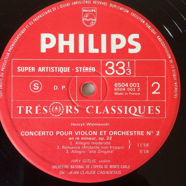 Ivry Gitlis, Henryk Wieniawski, Jean-Claude Casadesus, Orchestre National De L'Opéra De Monte-Carlo : Concertos Pour Violon Et Orchestre Nos 1 Et 2 (LP, RE, Gat)