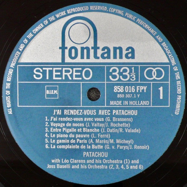 Patachou : J'Ai Rendez-Vous Avec Patachou (LP, Album, Comp)