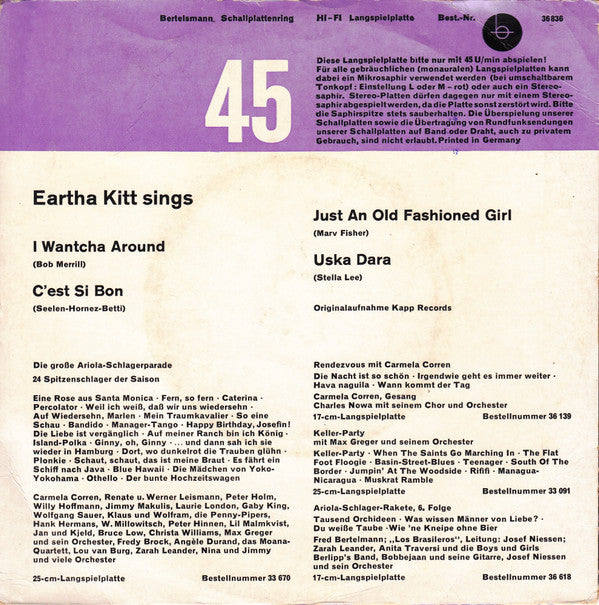 Eartha Kitt : Eartha Kitt Sings (7", Mono, Club, S/Edition)