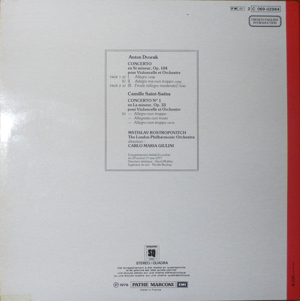 Mstislav Rostropovich, Carlo Maria Giulini, London Philharmonic Orchestra - Antonín Dvořák / Camille Saint-Saëns : Concerto En Si Mineur / Concerto En La Mineur (LP, Quad)