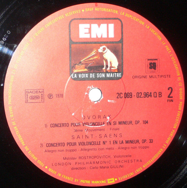 Mstislav Rostropovich, Carlo Maria Giulini, London Philharmonic Orchestra - Antonín Dvořák / Camille Saint-Saëns : Concerto En Si Mineur / Concerto En La Mineur (LP, Quad)
