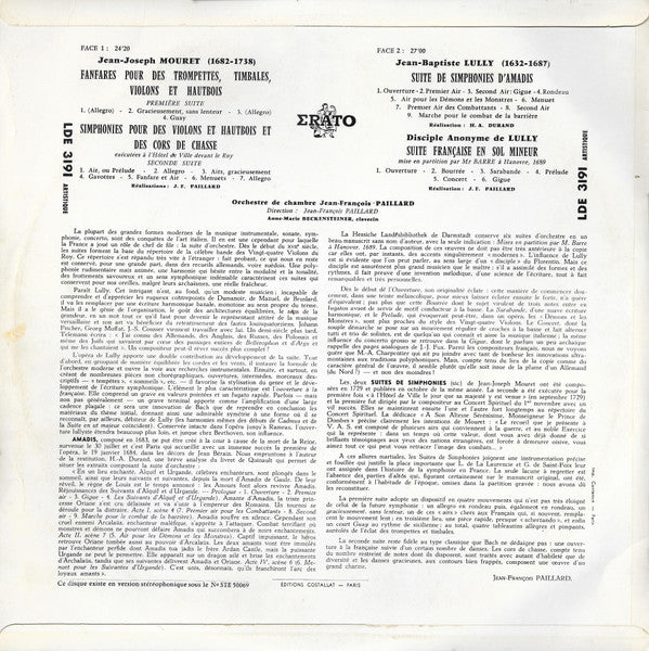 Jean-Baptiste Lully, Jean-Joseph Mouret, Orchestre De Chambre Jean-François Paillard : Fanfares Simphonies Et Suites Pour Trompettes, Cors De Chasse, Hautbois, Orchestre À Cordes Et Timbales (LP)