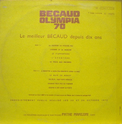 Gilbert Bécaud : Gilbert Bécaud A L'Olympia 1970 (LP, Album, Num, 1er)