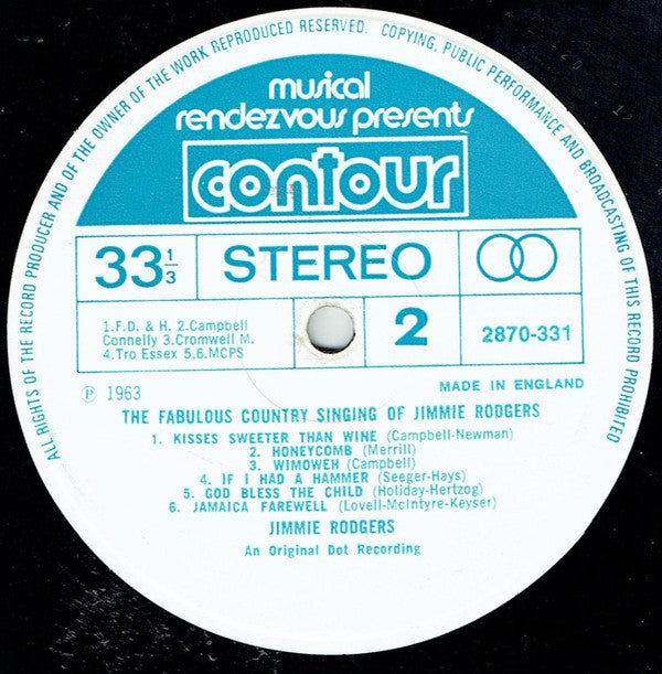 Jimmie Rodgers (2) : The Fabulous Country Singing of Jimmie Rodgers  (LP, Album)